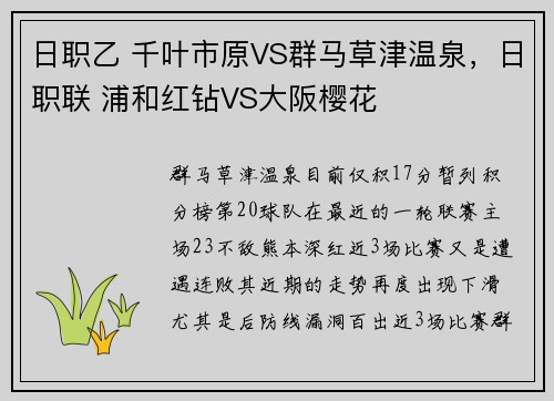 日职乙 千叶市原VS群马草津温泉，日职联 浦和红钻VS大阪樱花
