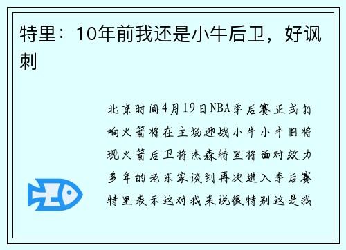 特里：10年前我还是小牛后卫，好讽刺