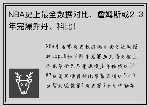 NBA史上最全数据对比，詹姆斯或2-3年完爆乔丹、科比！